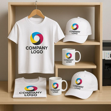 Branded t-shirt, cap and mug printed with a company logo